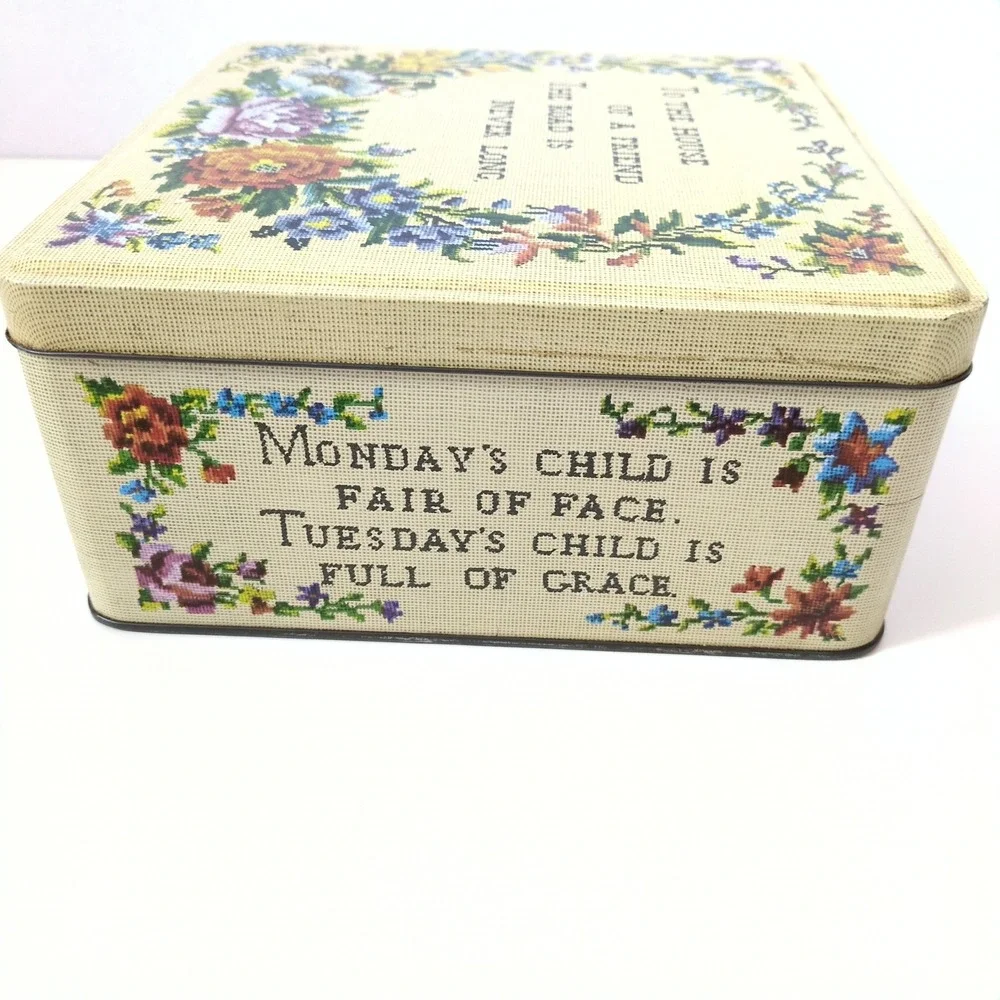 Vintage Carr's of‎ Carlisle England Needlepoint Floral Tin Box Cottagecore Cream